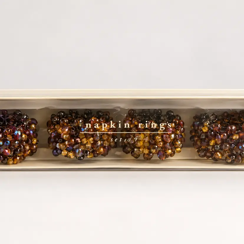 Pier 1 Imports Beaded Napkin Rings, Set of 4, Amber Brown & Iridescent Glass Beads