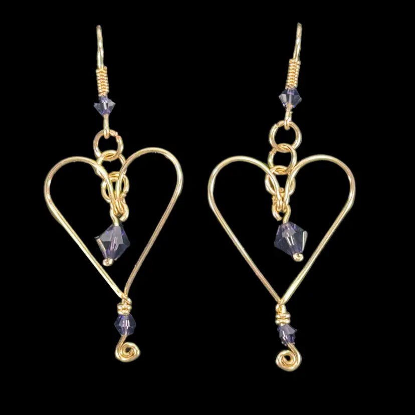 Mark ~ Avante Jewelry Wire HEART Purple Crystals Pierced Earrings Gold Plated