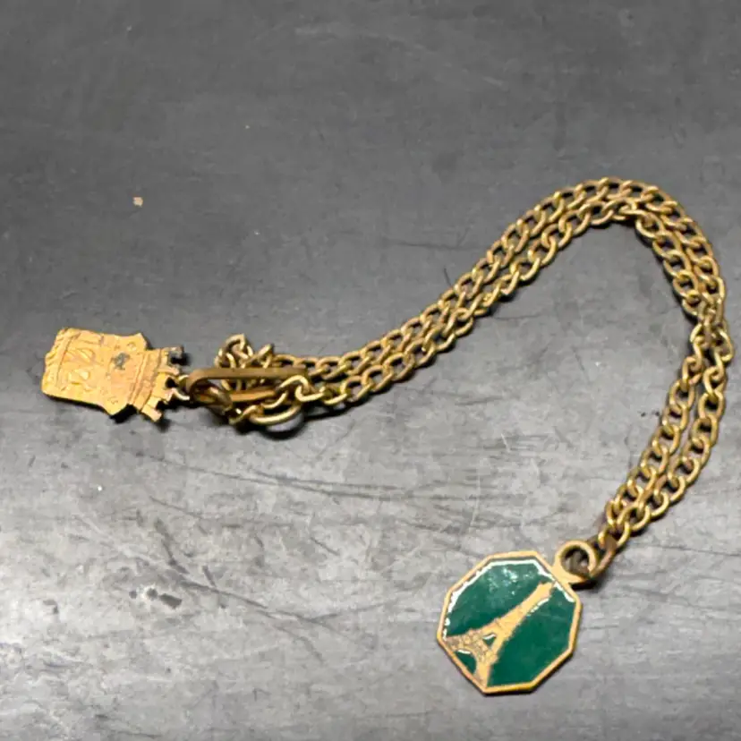 Vtg 1930s Paris Souvenir - Eiffel Tower Green Enamel + PARIS Coat of Arms
