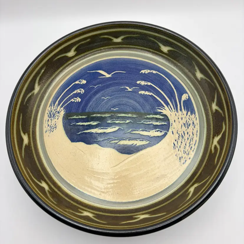 Handmade, Pottery Pedestal Bowl, Beach Scene, Dunes, Waves, Seagulls