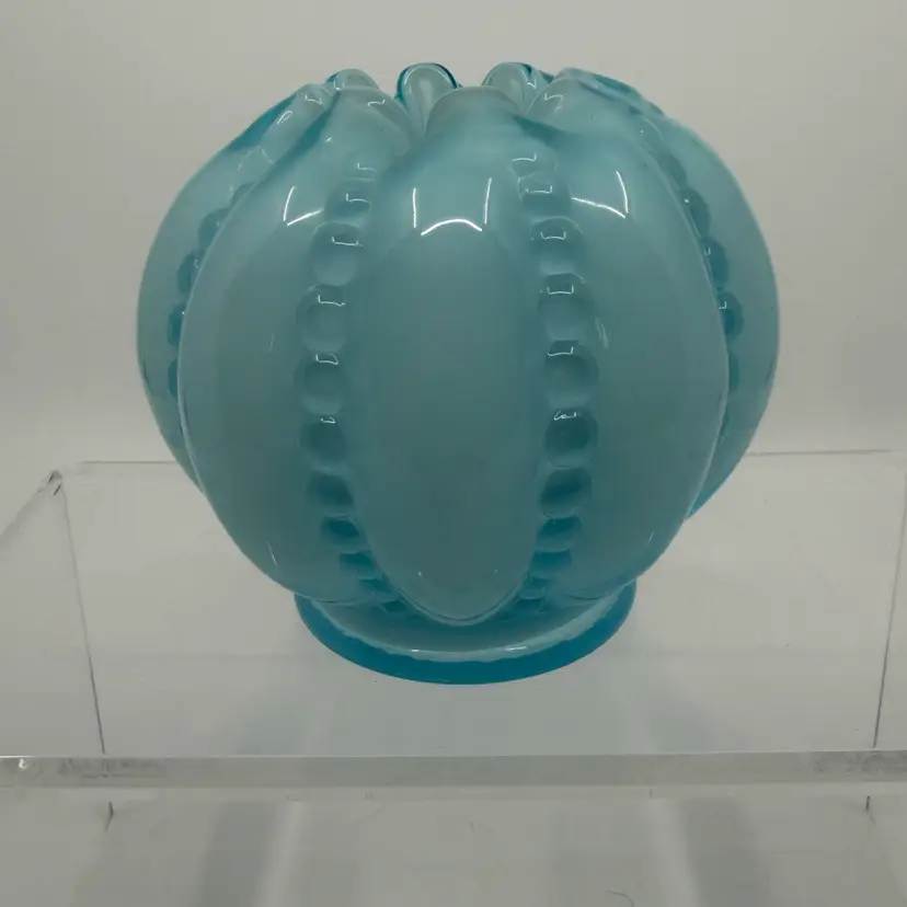 Vintage Fenton Rose Bowl Vase Tiara Line Beaded Melon Cased Glass Blue Pinched Rim