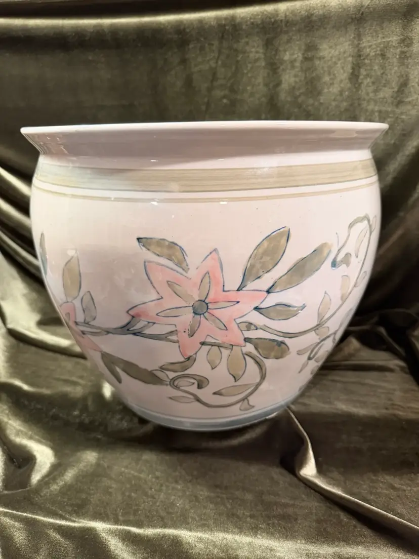 Vintage Chinese Export Porcelain Fishbowl Planter – Pink & Sage Green Floral Jardiniere (12" D x 10" H)