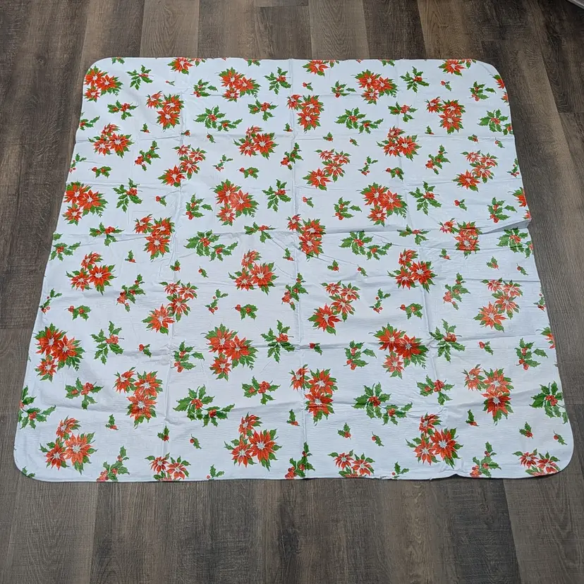 Vintage Christmas Poinsettia Holly Tablecloth Flannel Backed Vinyl FLAWS 51x51"