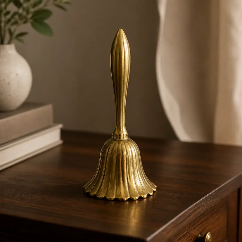 Brass Bell w/ Long Tapered Handle & Scalloped Edge at Base of Bell, 7"