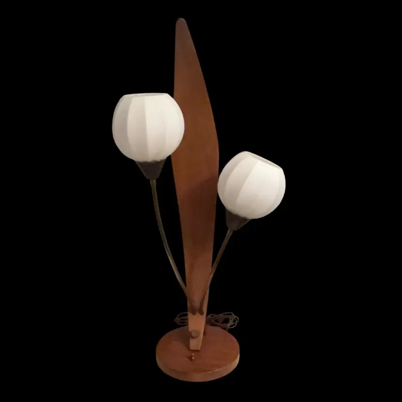 MCM Danish Modern Teak Bent Leaf Milk Glass Tulip Tamp Lamp 30”