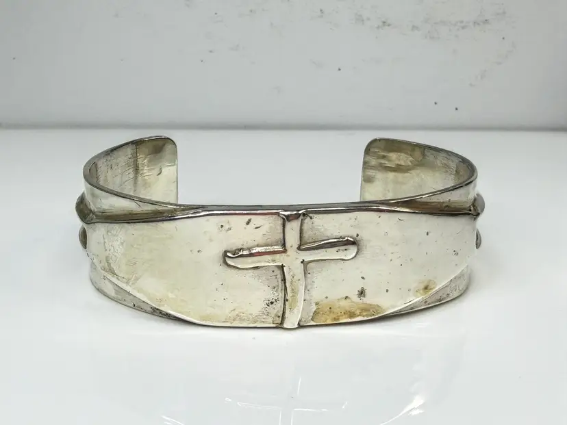 Handmade Heavy 925 Sterling Silver Cross Wide Cuff Bracelet 69.4g 7.25" JR2157