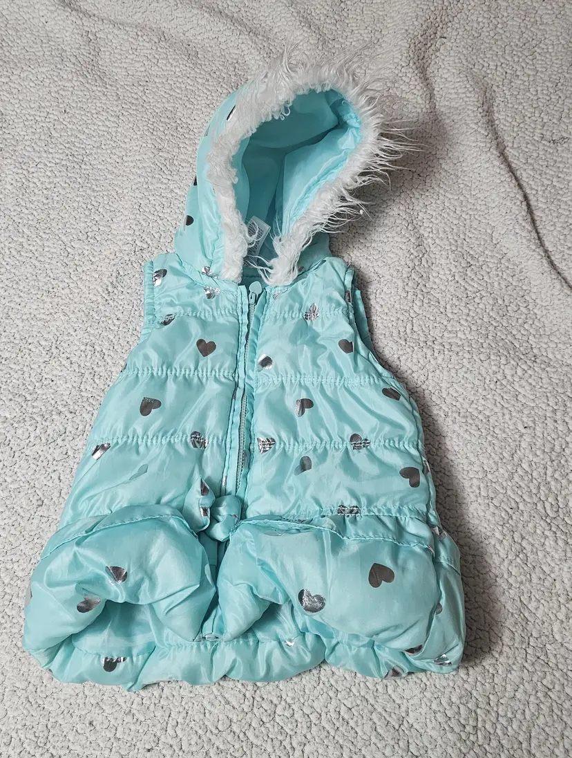Nannette Girls Teal Puffer Vest Kids 3T Hooded Bow Faux Fur Silver Heart Ruffle