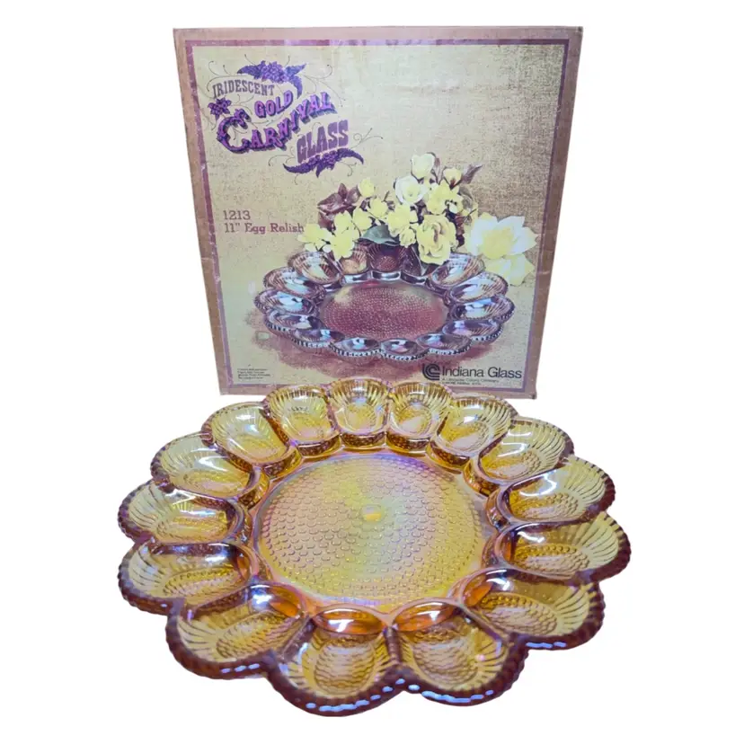 Iridescent Gold Carnival Glass 11” Deviled Egg Platter Indiana Glass w/original Box