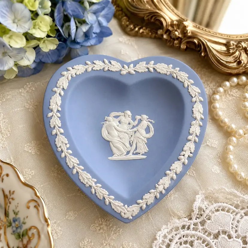 Vintage Wedgwood Jasperware Heart-Shaped Trinket Dish – Blue & White – Made in England – 4.25”