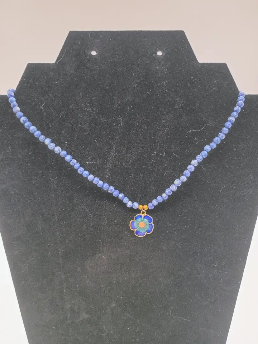 Blue Clay Bead Necklace Choker w Small Cloisonne Flower Pendant 16".