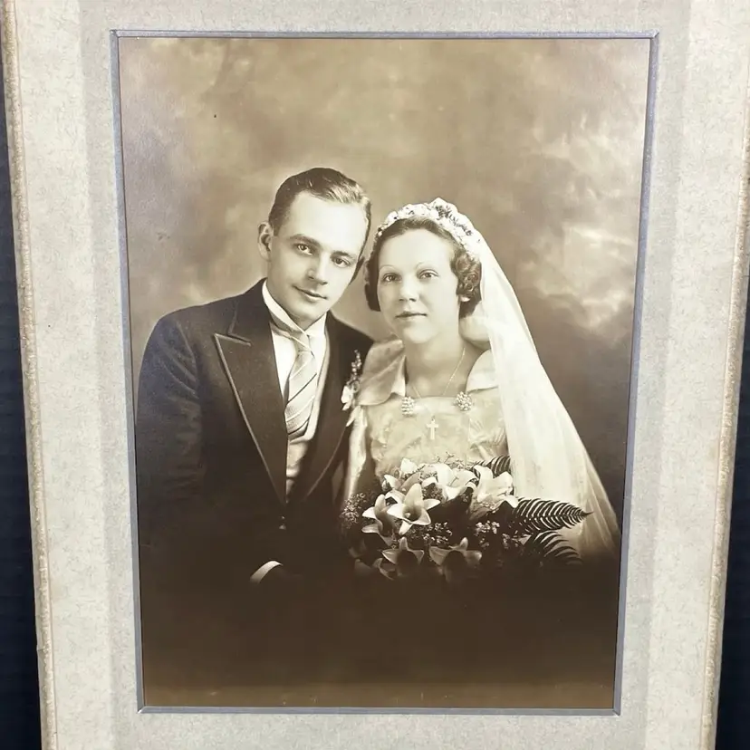 Wedding Studio Portrait 1920s 1930s Groom & Bride in Pearl Brooches w Easter Lily Bouquet Sepia Tone Photograph Chicago, IL