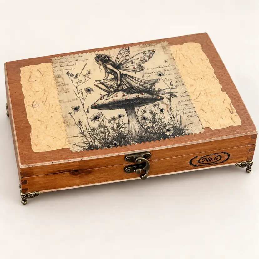 Handmade Fairy Keepsake Box, Upcycled Cigar Box, Mushroom Trinket Box, Woodland Fairy Decor, Cottagecore Jewelry Box