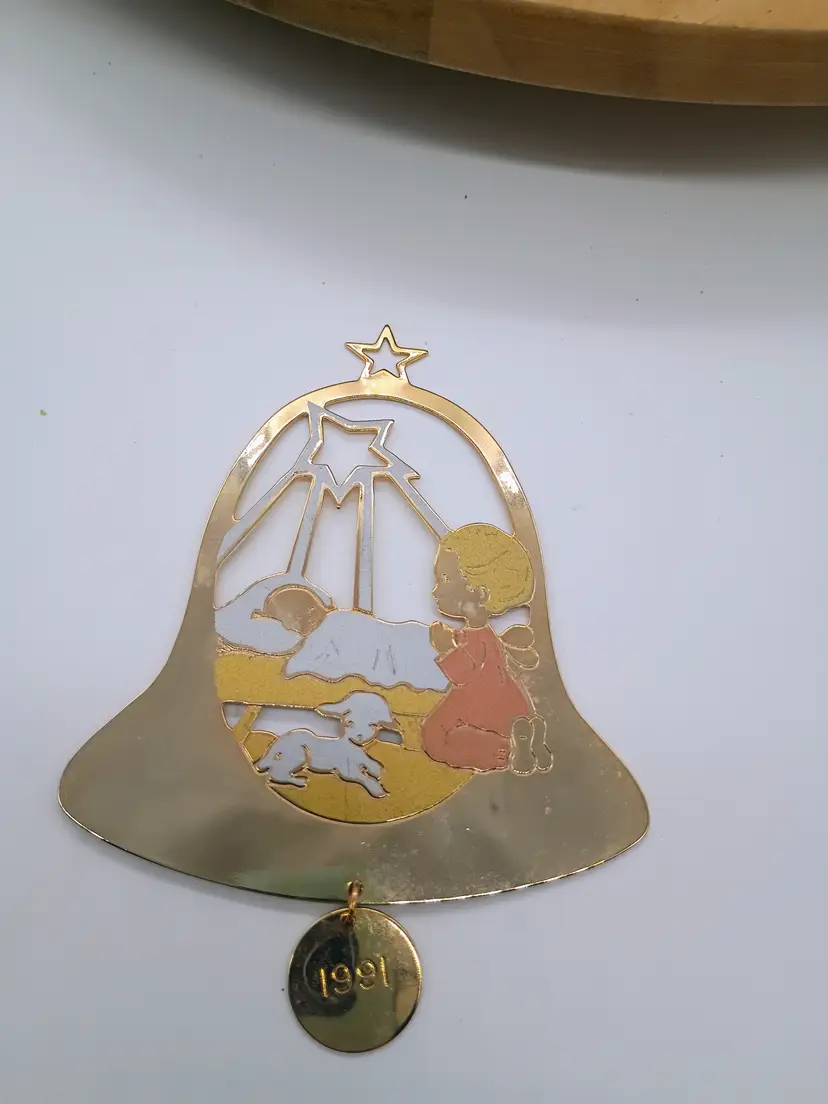 Vintage Gloria Duchin 1991 Enameled Brass Manger Scene Ornament Bell Shaped.