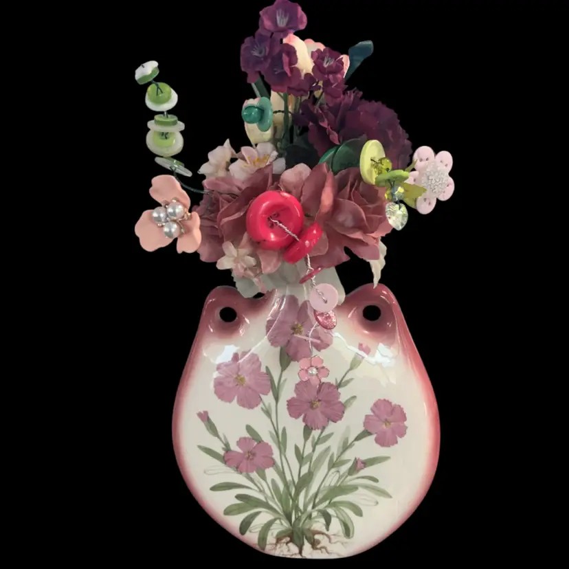 Up Cycled Vase With Flowers And Buttons- 12”Tall