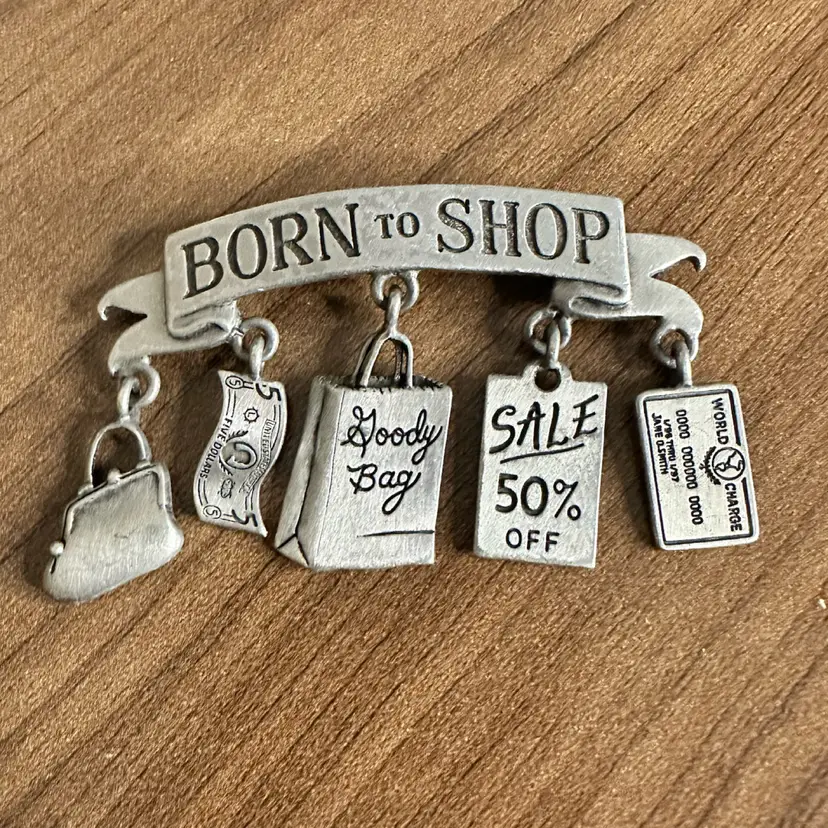 JJ Brooch Born To Shop With 5 Charms Pewter-Tone