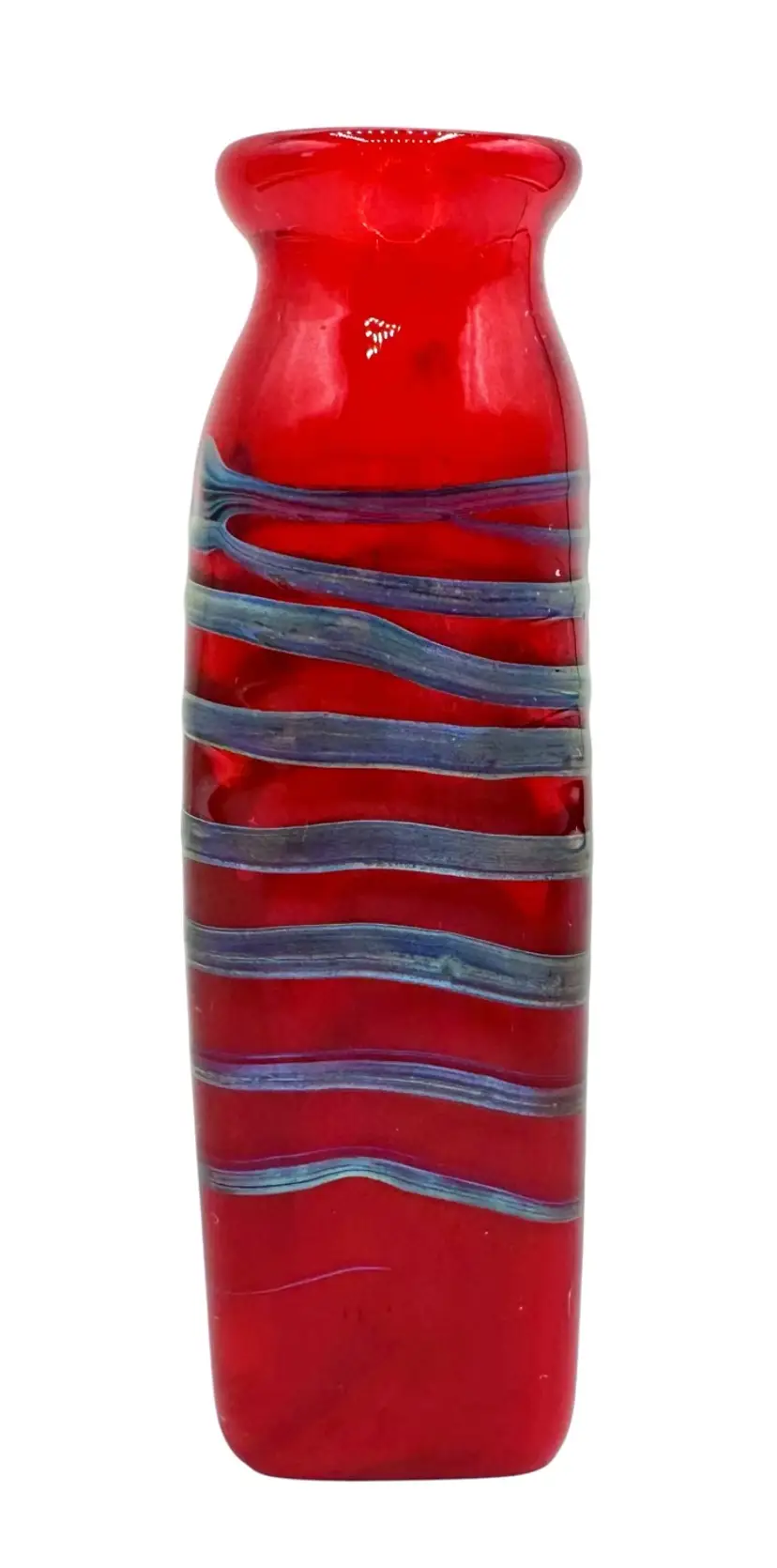Handblown Studio Art Glass Bud Vase Red Blue Metallic Swirl Triangle 4.75”