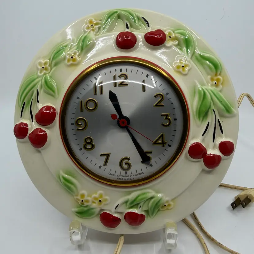 Vintage Hull Pottery Wall Clock Cherries Cherry Design 1940s Works Mint