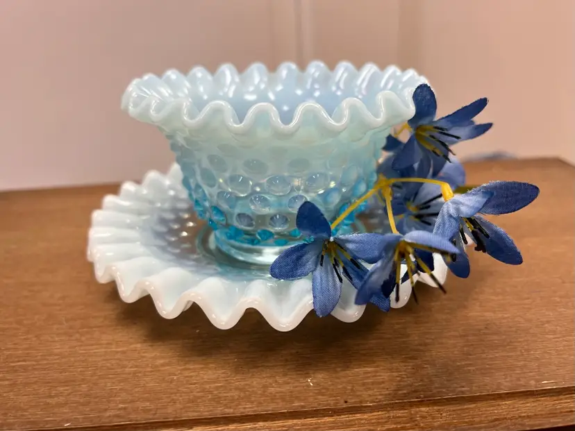 Opalescent Blue Hobnail Glass Bowl and Plate Set