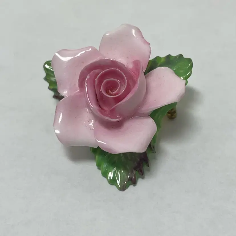 #23 - Vintage Hand Painted Bone China Denton Pink Rose  Brooch Pin Made In England