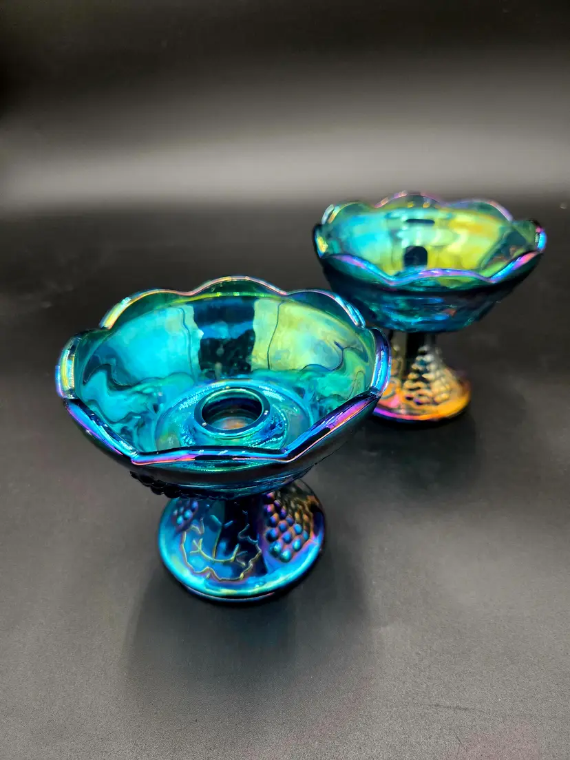Carnival glass candlestick holders