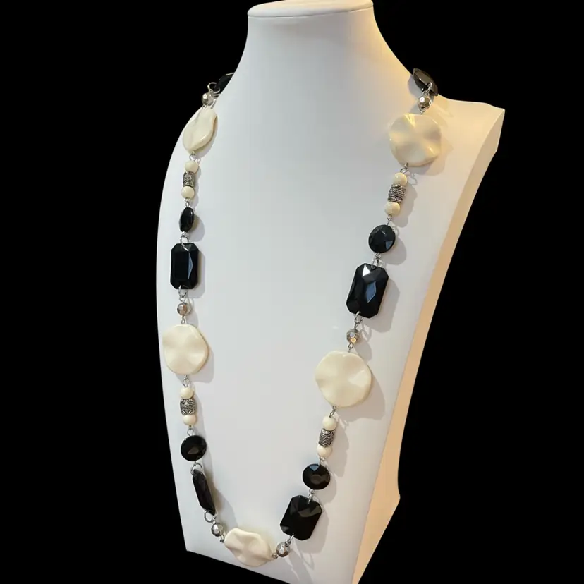 25 Black And White And Silvertone 36” Necklace
