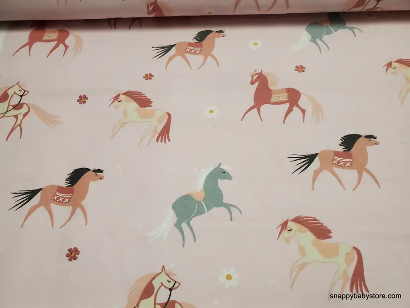 Pretty Horses Light Pink Flannel Fabric Remnant - 100% Cotton - Choose Size - Soft Craft & Quilting Fabric