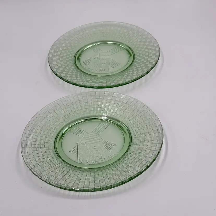 Hazel Atlas Green Uranium Depression Glass Windmill & Checkerboard Vintage Two Luncheon Plates