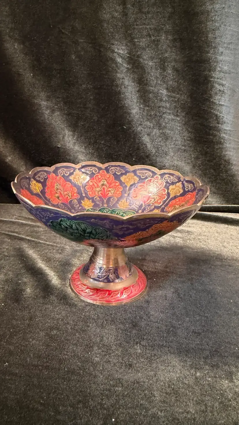 Vintage Indian Brass Pedestal Bowl – Hand-Painted Enamel Peacock & Floral Design, Scalloped Edge Catch-All Dish