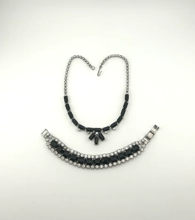 Vintage Silver Tone Black and Clear Rhinestone Necklace and Bracelet Set