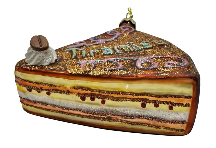 Blown Glass Christmas Tree Ornament Tiramisu Cake Dessert Food Glitter 3.75”