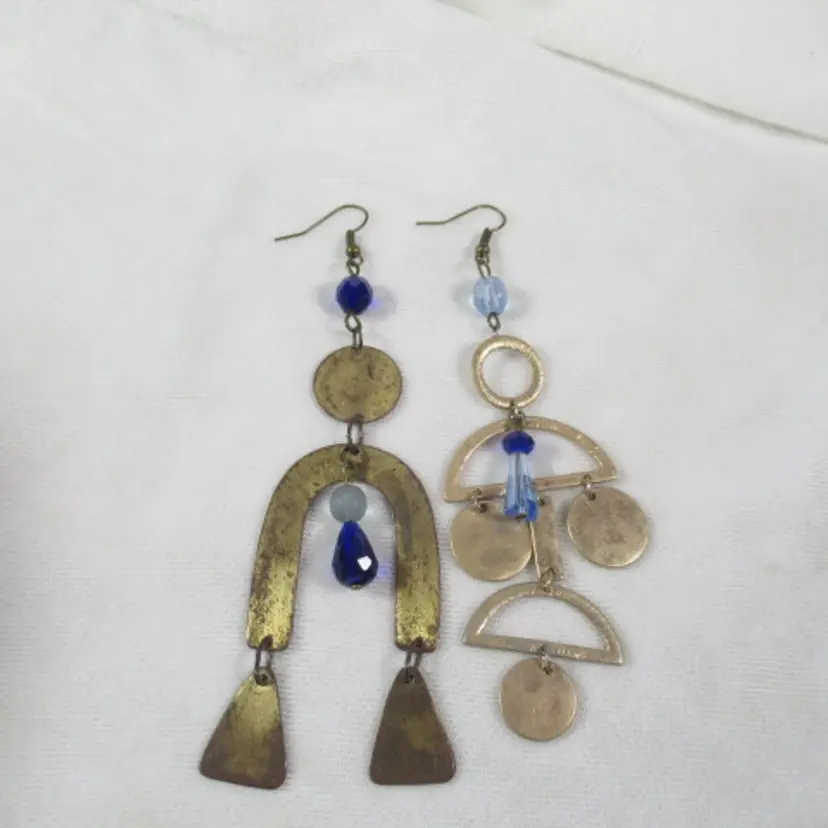 Upcycled Geometric Asymmetric Vintage Brass and glass beaded OOAK earrings handmade