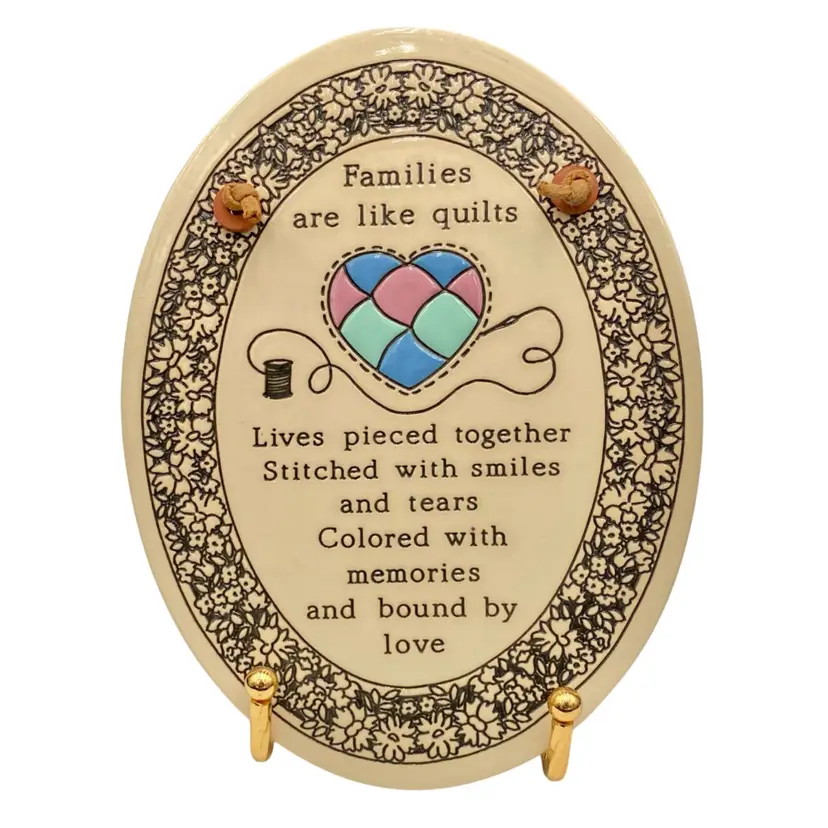 Trinity Pottery (Wisconsin) Oval Plaque "Families are like Quilts", 7.3"x 5.6"