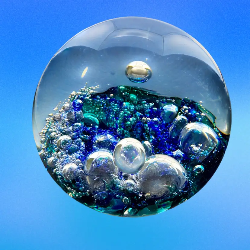 Vintage Selkirk 1991 Blue/Green Abstract Ocean Floor Paperweight 3” x 3”