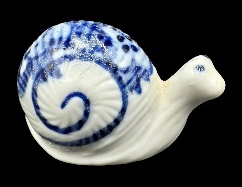 Vintage Miniature Ceramic Snail Figurine White Blue Floral 1.25”