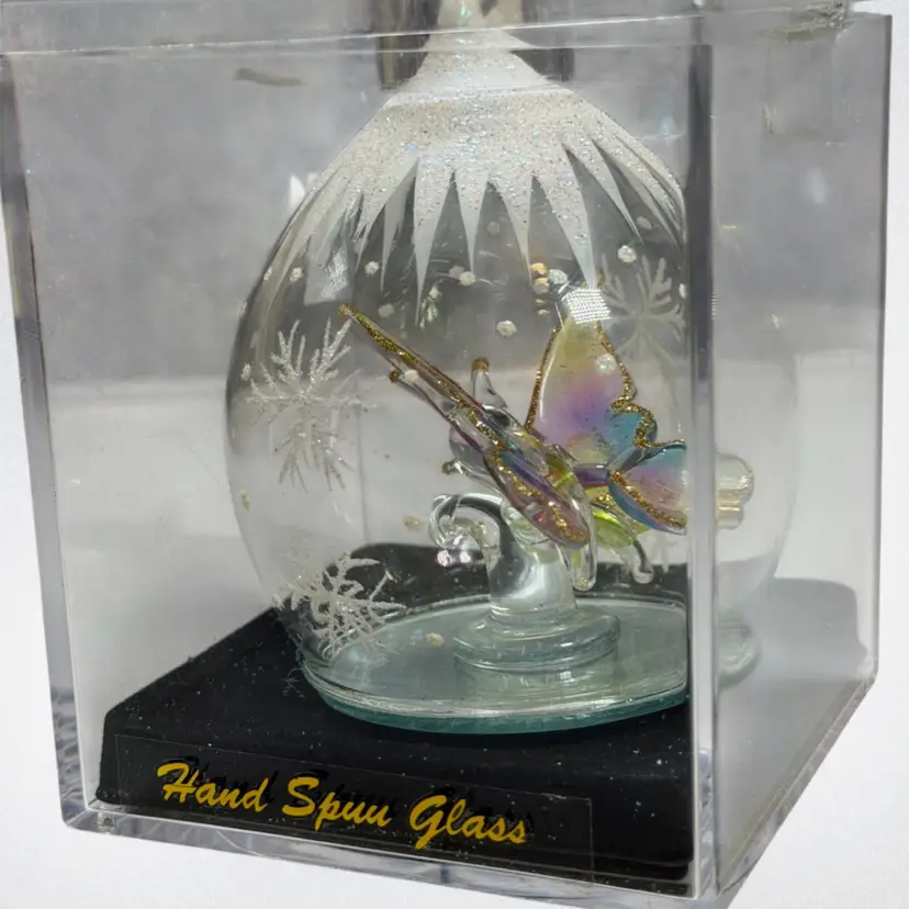 Hand-Spun Glass Butterfly Ornament in Glass Dome | Iridescent Blown Glass Christmas Ornament | Display Case Included