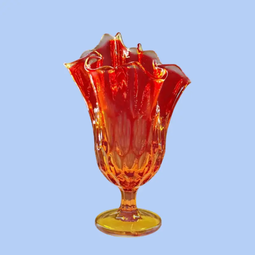 #180- Fenton Amberina Vase Handkerchief Ruffle Swung Thumbprint Inches Tall UV Reactive Cadmium Orange Yellow
