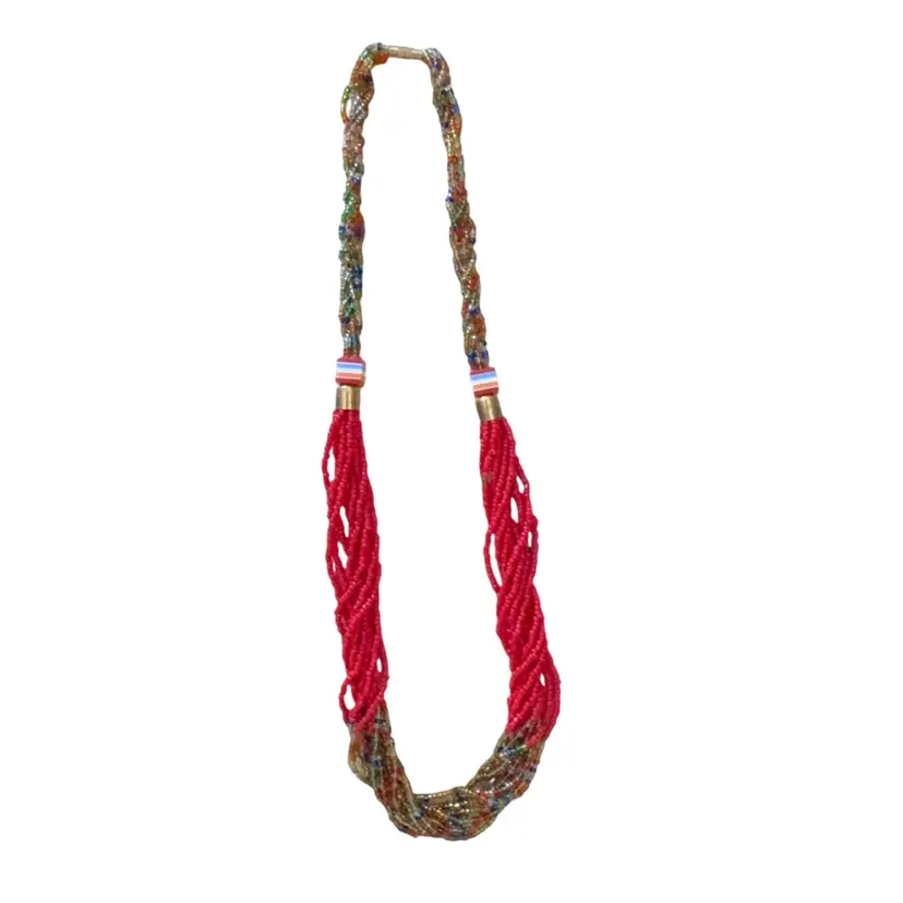 Vintage Multi-Strand Seed Bead Necklace Red Boho Statement Jewelry, Barrel Screw Clasp &