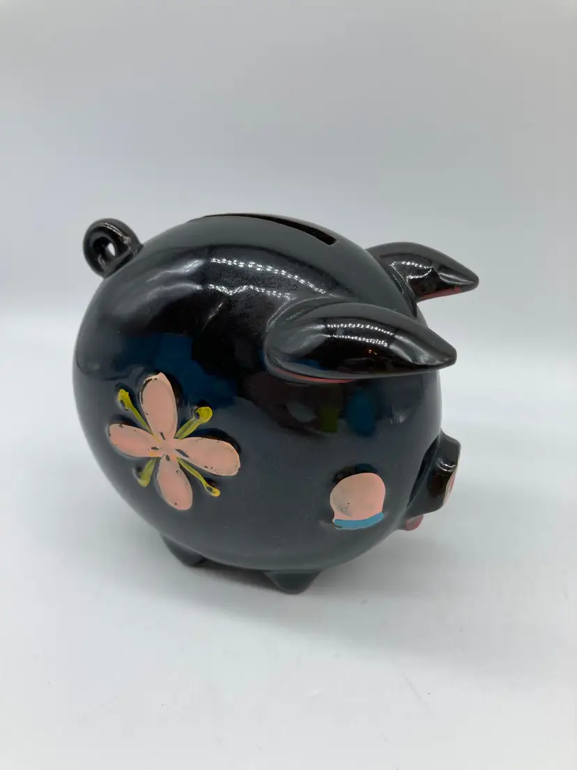 Vintage Redware Ceramic Black Flat Piggy Bank with Flowers, Made in Japan