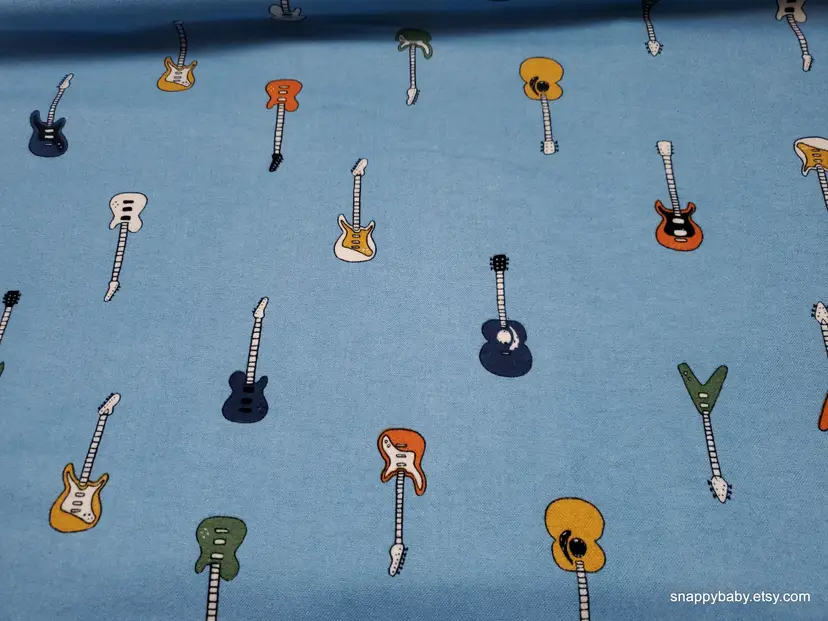 Guitars on Blue Flannel Fabric Remnant - 100% Cotton - Choose Size - Soft Craft & Quilting Fabric