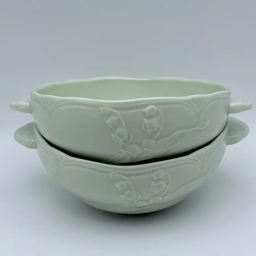 Celadon Green, Hanae Mori Dinnerware, 2 Small Ceramic Bowls with Handles, Japan