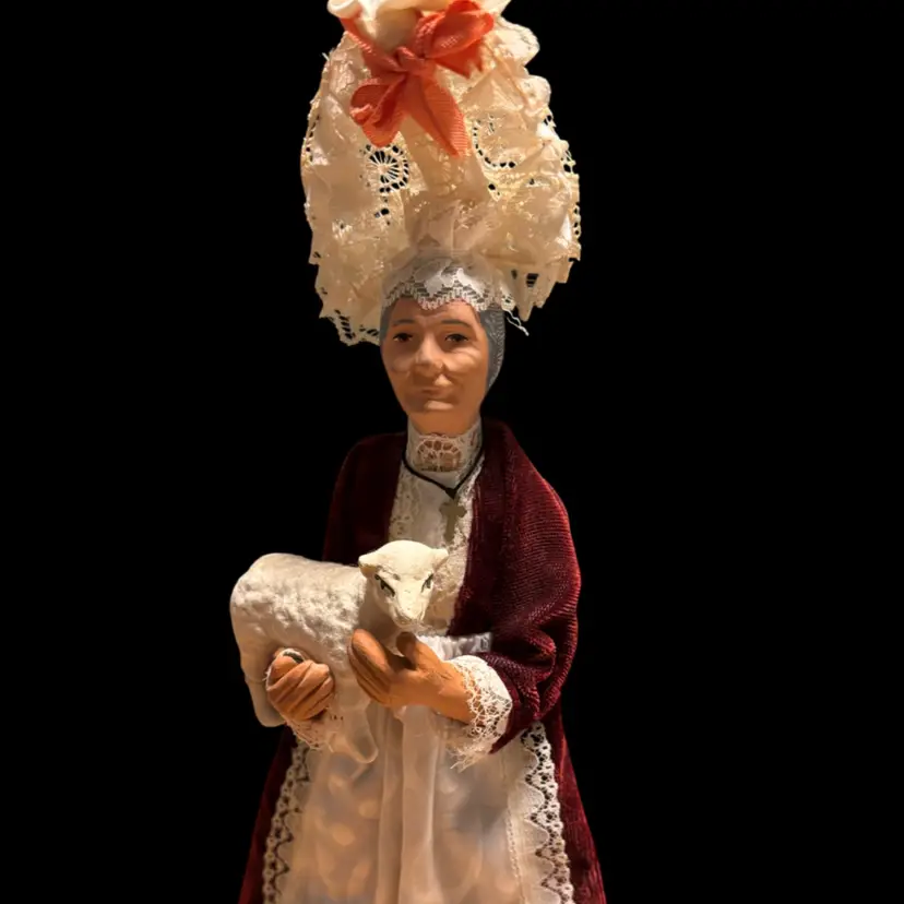 13” Santon De Provence Woman And Sheep Statue