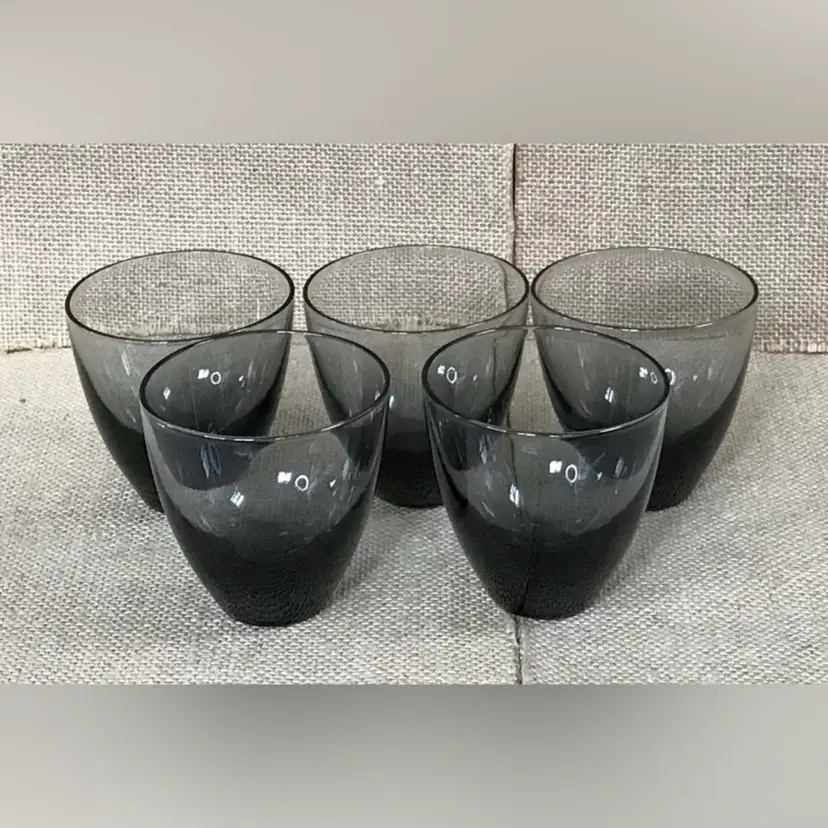Vintage Smoke Gray Lowball Cocktail Glass Set Sleek Tapered Silhouette MCM Goth