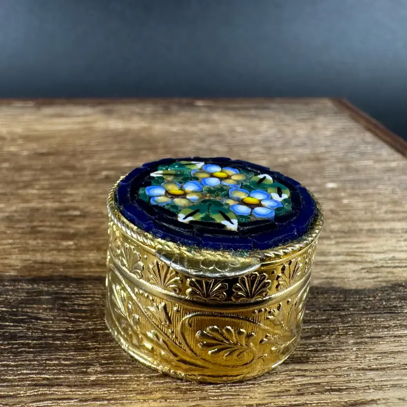 Vintage Italian Forget Me Not Micro-Mosaic Pill Box