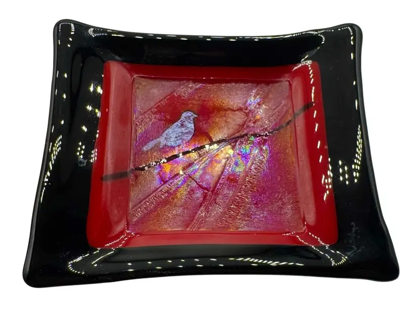 Fused Studio Art Glass Small Trinket Dish Red Black Bird Branch Iridescent 5”
