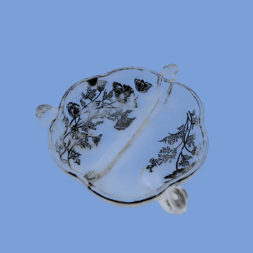 #207- Vintage Divided 2 Section Dish 
Candy Condiment Nut Server 
Silver Overlay Glass Candy Dish Footed
Silver City Serveware Collection
By Cambridge Glass 1940s
Flanders Poppies Pattern