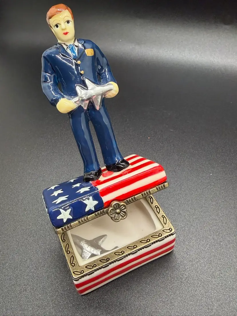 Air Force Ceramic Hinged Trinket Box On American Flag With Jet Airplane Trinket