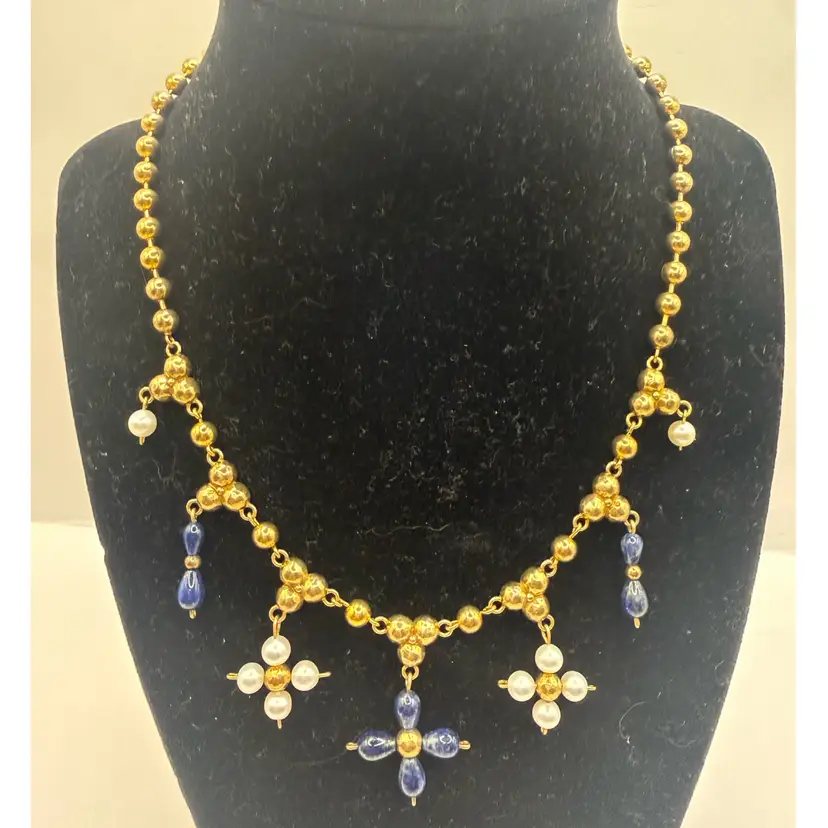 Metropolitan Museum Of Art Sterling Vermeil Byzantine Reproduction Lapis & Freshwater Pearl  Necklace 15-17”