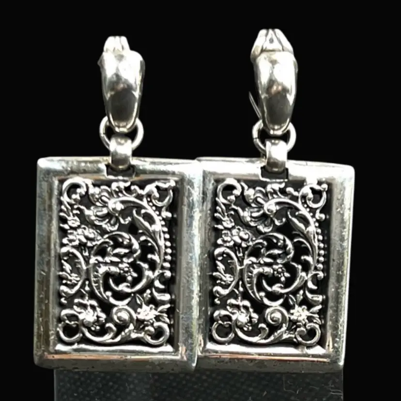 Napier Mid-Century Doris Day Line Filigree Rectangular Clip On Earrings. Dark Antique Silvertone Metal. 2” Length.