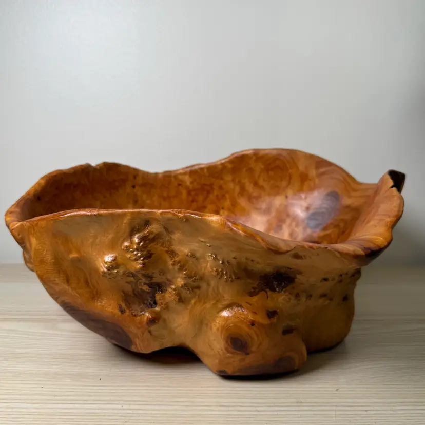 Large Hand Carved Root Wood Bowl Signed AR