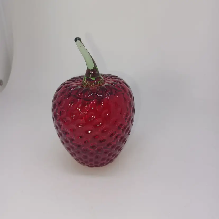 Vtg Rainbow Glass Strawberry Paperweight Dimpled Red Fruit Green Stem MCM